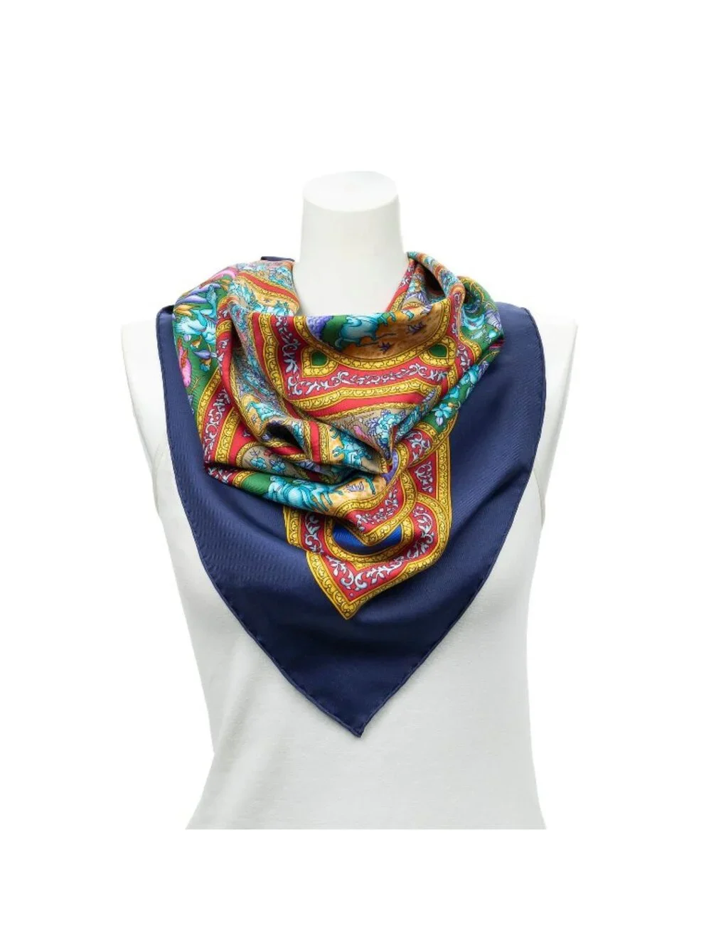 Hermes Scarf Navy Red 100% Gold Twill Silk
